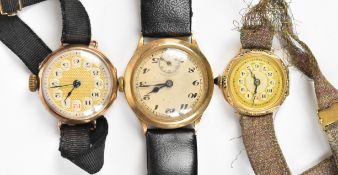Three 9ct gold wristwatches comprising one HeFik Watch Co and two ladies examples, largest case