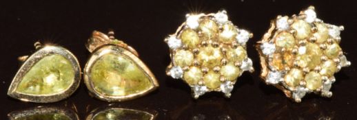 Two pairs of 9k gold earrings, one pair set with sphene and zircons in a cluster and the other
