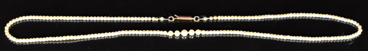 Victorian seed pearl necklace with 9ct gold barrel clasp, in antique box 'Charles Fox,