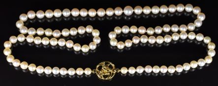 Single strand of cultured pearls with 18ct gold floral clasp, 48g, 72cm