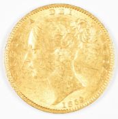 1859 Queen Victoria gold full sovereign with young head and shield reverse, F