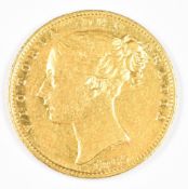 1865 Queen Victoria gold full sovereign with young head and shield reverse, die number 14, F