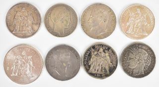 French silver and later coinage including 1868, 1875, 1849 5 Francs, Napoleon replica etc