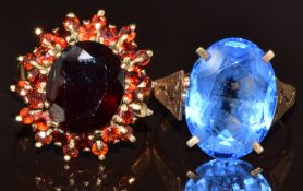 Two 9ct gold rings, one set with garnets and the other synthetic stone, 10.2g, size N