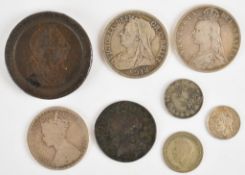 Georgian and later British coinage to include a Victorian Gothic florin, cartwheel twopence, 1772