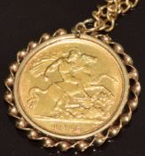 1915 gold half sovereign with Sydney Mint mark, on 9ct gold chain, 11.9g, 64cm
