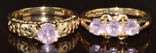 Two 9ct gold rings set with amethysts, 5g, size N