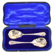 Cased pair of George V hallmarked silver serving spoons with lobed bowls, Sheffield 1911, maker