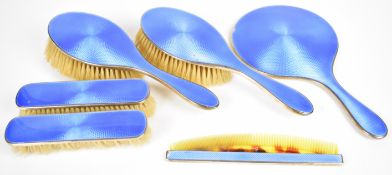 Art Deco hallmarked silver and blue guilloché enamel dressing table set comprising hand mirror, four