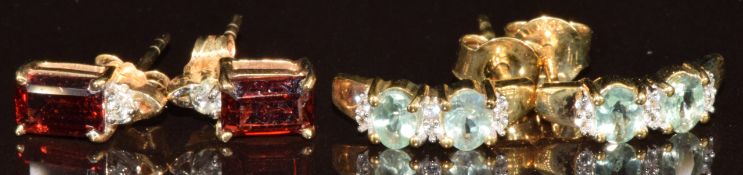 Two pairs of 9k gold earrings, one pair set with Alexandrite and white zircons (with Gemporia