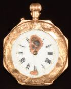 Unnamed 14ct gold keyless winding open faced pocket watch with black Roman numerals, white dial,