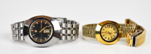 Two Rado wristwatches Diastar with day and date aperture, gold hands, black dial and stainless steel