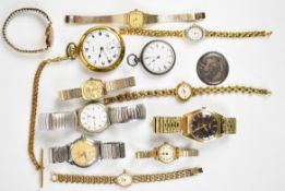 Twelve various wrist and pocket watches including a 9ct gold ladies wristwatch, hallmarked silver