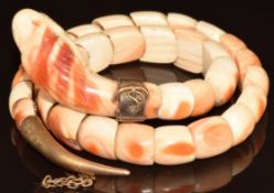 Victorian carved angel skin coral bangle / bracelet in the form of a serpent with yellow metal tail
