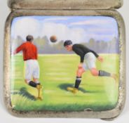 Alpacca silver style cigarette case with enamel decoration of two footballers to the front,