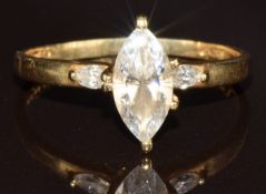 A 14k gold ring set with three marquise cut cubic zirconia, 2.2g, size P
