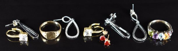 A 9k gold signet ring (2.6g, size N), silver ring, three pairs of silver earrings and a pair of