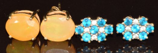 Two pairs of 9k gold earrings, one pair set with Indonesian opals and the other apatite and zircons,