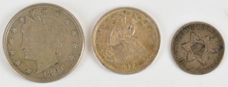 Three 19th century American coins comprising 1838 seated Liberty dime, 1852 silver 3 cent coin and