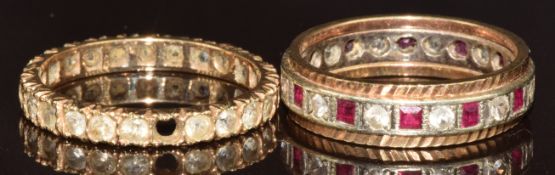 Two 9ct gold eternity rings set with spinel, 5.6g, size N & Q