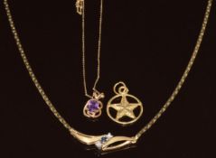 A 9ct gold necklace set with a sapphire and diamonds, 9ct gold pendant set with an amethyst, on