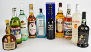 Ten bottles of spirits and liqueurs to include Bacardi Rum 37.5% 1L, Lamb's Navy Rum 40% vol 1L,