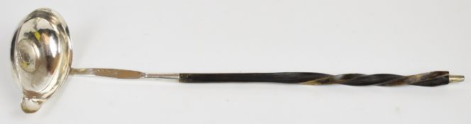 George I coin based silver ladle with twisted whalebone handle, overall length 32cm