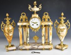 Japy Frères French clock garniture with variegated marble architectural body and urns with gilt