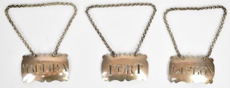 Set of three Margaret Binley Georgian hallmarked silver bottle tickets or labels comprising Madeira,