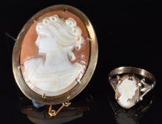 A 9ct gold cameo brooch and ring ,11g, size N, 4 x 3.5cm