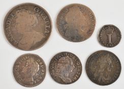Queen Anne shilling, William III sixpence, 1674 Charles II, 1687 James II and 1762 3d coins and a