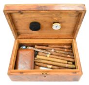 Olive wood inlaid amboyna humidor with a selection of large cigars including Montecristo, Cohiba, El