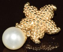 A 14ct gold pendant in the form of a starfish set with a drop pearl, 5.1g
