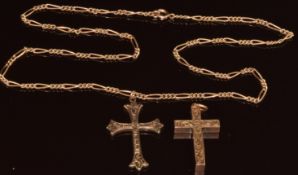 Two Edwardian 9ct gold cross pendants and a 9ct gold chain, 10.8g, 50cm