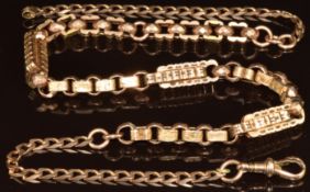 Victorian 9ct gold watch chain made up of pierced and faceted links, made into a necklace using a