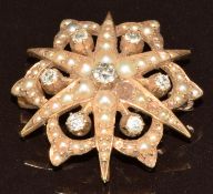 Edwardian 15ct gold pendant / brooch set with split pearls and diamonds (one pearl missing), 4.7g,
