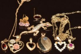 Five 9ct gold pendants including lizard, locket, heart, two garnet, spinel and cubic zirconia, three