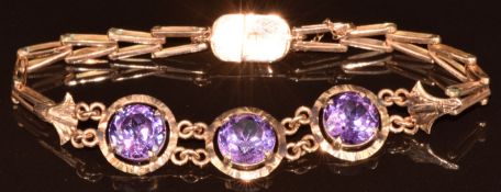 Egyptian 12k gold bracelet set with three round cut synthetic purple sapphires, 15.4g
