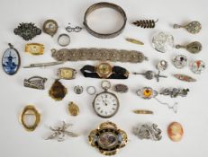 A collection of jewellery including two WBs silver thistle brooches, silver bangle with applied gold