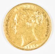1852 Queen Victoria gold full sovereign with young head and shield reverse, F