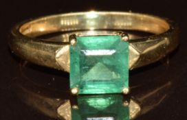A 9k gold ring set with an octagonal cut Socoto emerald of approximately 1.3ct, 2.4g, size N