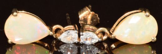 A pair of 9k gold earrings set with Ethiopian opals and white zircons, with Gemporia certificate,