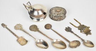 Two hallmarked silver spoons, Edward VII hallmarked silver embossed pill box, hallmarked silver