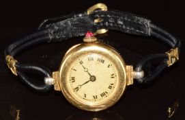 Swiss 18ct gold ladies wristwatch with blued Breguet hands, black Roman numerals, champagne dial,