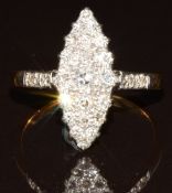 Victorian 18ct gold ring set with diamonds in a marquise shaped platinum setting, 5.1g, size P