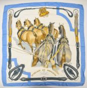 Hermès silk scarf Attelage en Arbalète with decoration of harnessed horses and driving whip,