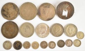 1818 George III crown with brooch back, 1820, 1937 and two 1935 crowns, further 51g of pre-1947