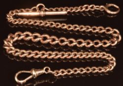 A graduated 9ct rose gold graduated Albert chain with clip, T bar and bolt clasp, 31.9g, 40cm