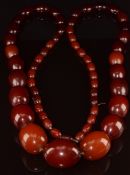 A graduated strand of cherry amber made up of fifty eight oval beads, the largest 23.4 x 30mm, the