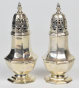 Pair of George V hallmarked silver sugar casters of baluster octagonal form, Chester 1914, maker